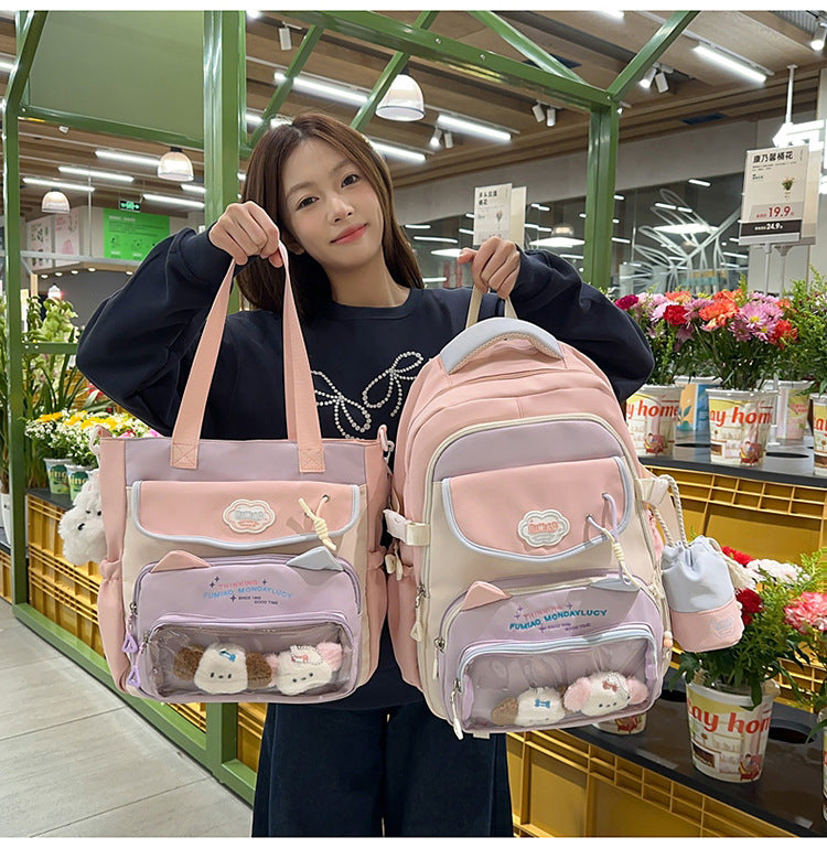 College Style School Bag Three-Piece Set for Girls with Good Looks and Versatile DIY Girl Pain Bag Student Class Backpack Tutoring Bag