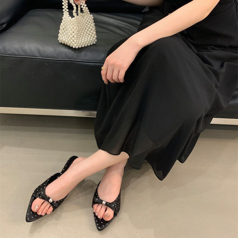 Retro and Playful~Romantic French Polka Dot Cat Heel Bow Sandals for Women Low Heel Open Toe Satin Slippers