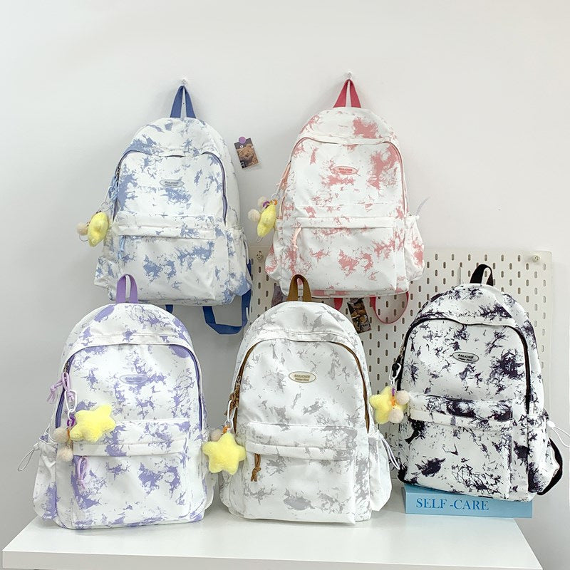 Korean Style Large Capacity Student Backpack Tie-Dye Ink Senior high school College Students Japanese Style Backpack National Fashion Western Style Schoolbag