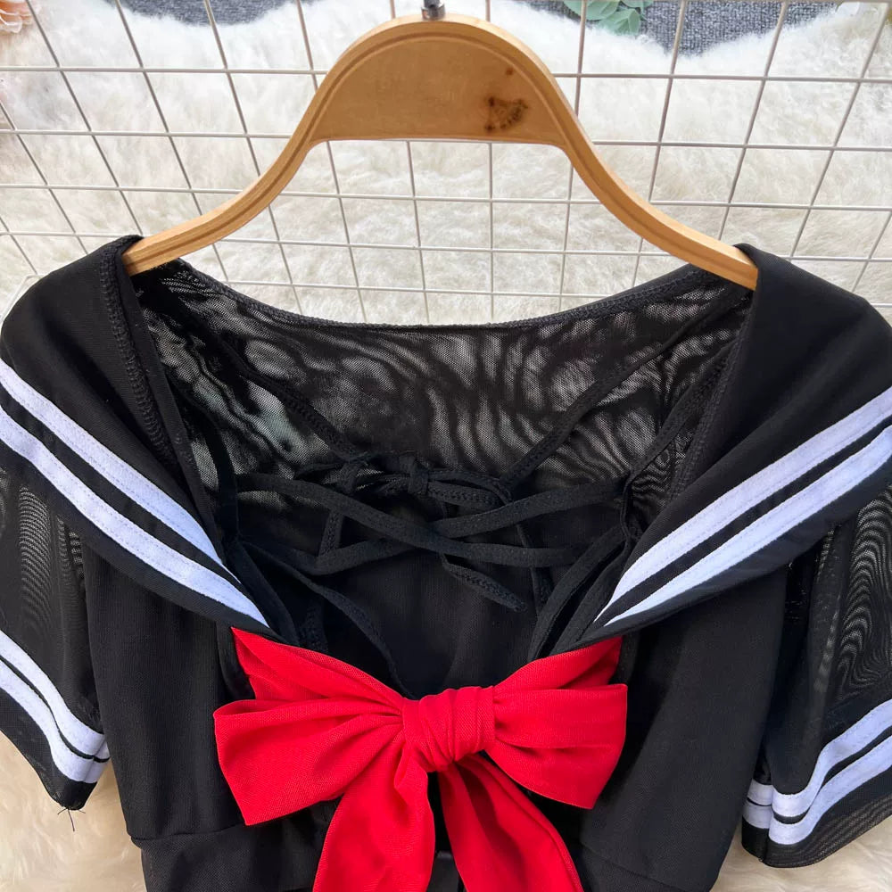 CHILLGIO-Conjunto de pijama con falda de malla transparente para mujer, ropa de dormir, lencería erótica de moda, estilo Preppy japonés