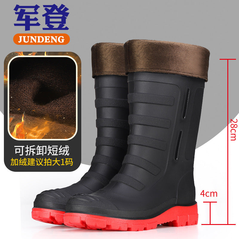 Mid-Calf Fashionable Rain Boots for Men, Thickened and Wear-Resistant Outdoor Waterproof Boots for Fishing, Non-Slip Water Shoes and Velvet Rain Boots