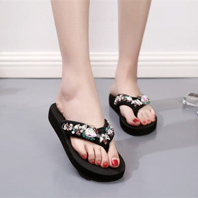 New Style Rhinestone Thick-Soled Beach Slippers for Women Summer Platform Soft-Soled High-Heeled Flip-Flops Fashionable Vacation Heightening Sandals