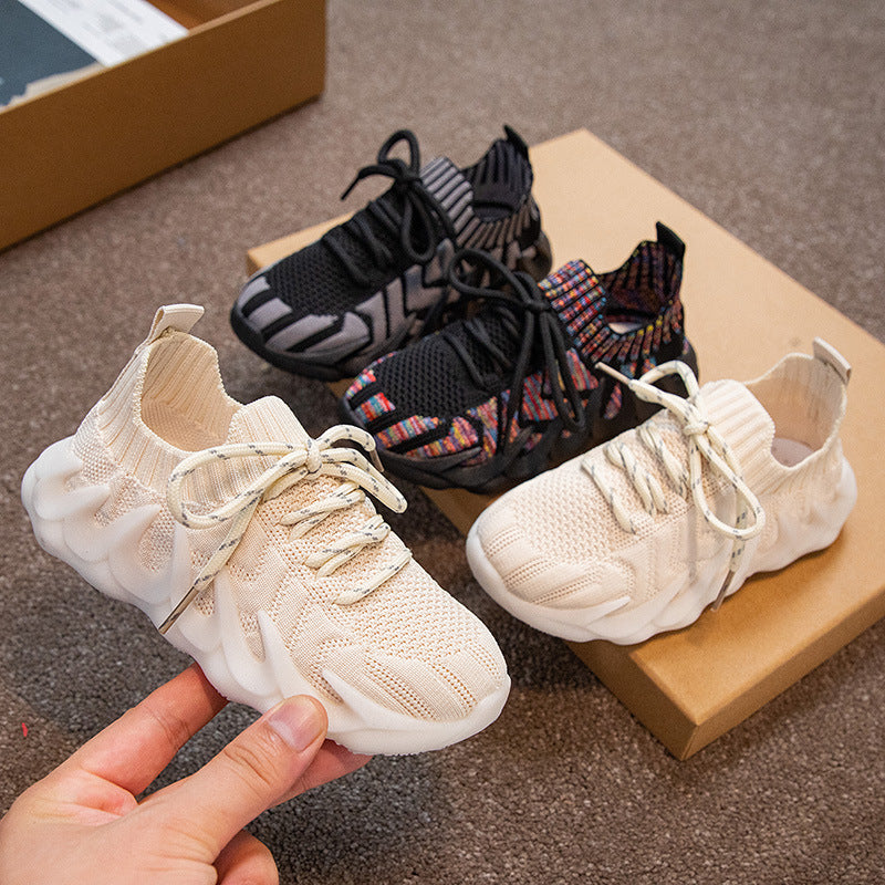 New Children's sneaker Flying Weaving Lace-up Running Shoes Jelly Soft Bottom Fashionable Octopus Men's and Women's Children's Shoes Foreign Trade