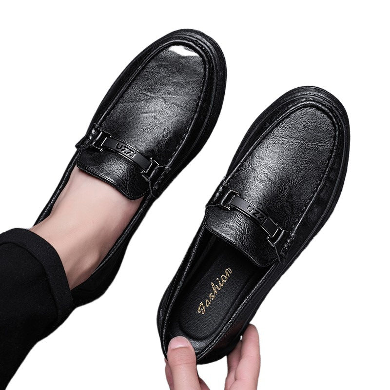 Labor Insurance Work Men's Shoes Summer Business Dress Casual Leather Shoes Men's Slip-on Lazy Soft Bottom Bean Shoes Black