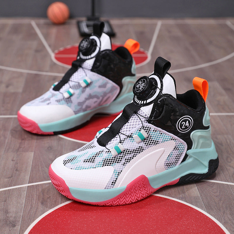 Children's Basketball Shoes, Boys' Shoes, Spring 2026 New Style Rotating Buckle Sports Shoes, Medium and Large Children's Non-Slip and Wear-Resistant Running Shoes