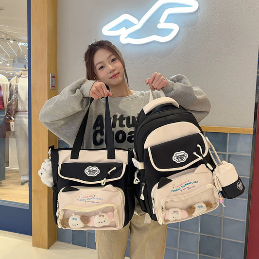 College Style School Bag Three-Piece Set for Girls with Good Looks and Versatile DIY Girl Pain Bag Student Class Backpack Tutoring Bag