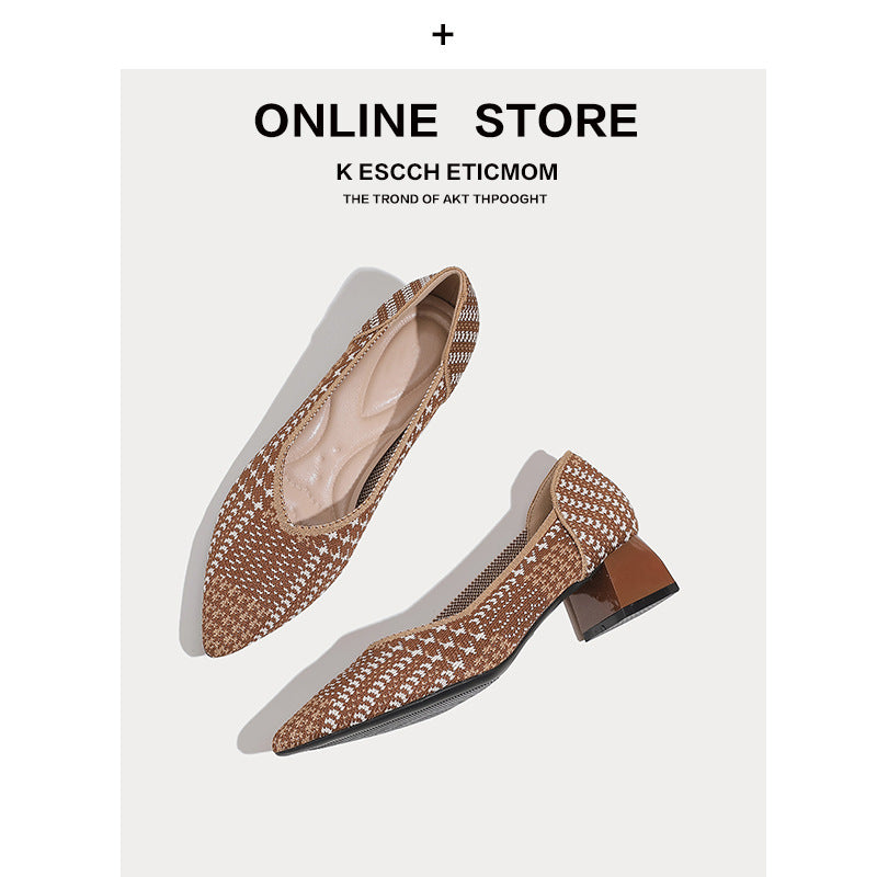 Japanese Princess Shoes Thick Heel 2022 New Pointed Shallow Mouth Single-layer Shoes Middle Heel Knitted Korean Style Women's High Heels