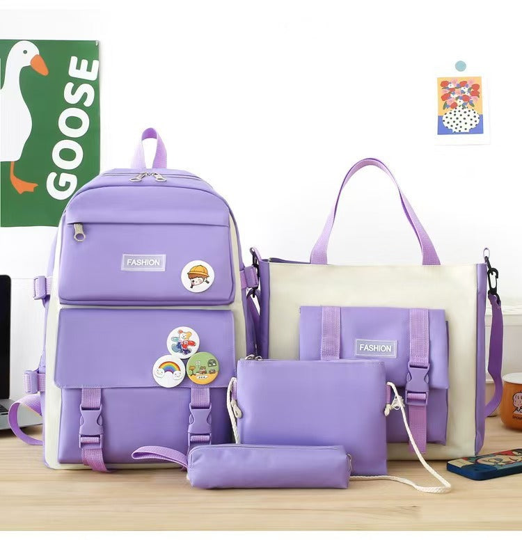 New School Bag Backpack Female Korean Version Canvas Large Capacity Five-Piece Set Middle School Student Backpack Student School Bag Female