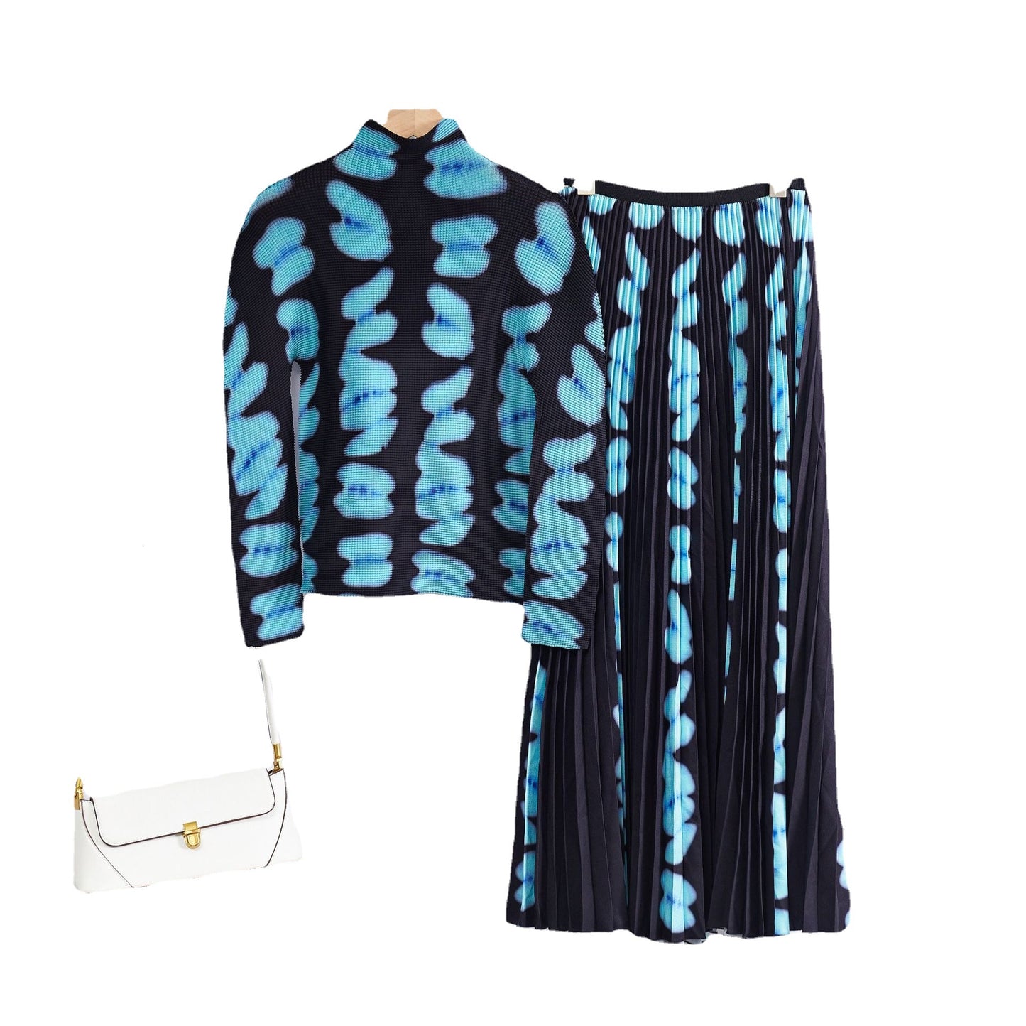 Half-high Collar Printed Base Shirt Autumn Cross-border European Shirt Two-piece Set Slimming Pleated Skirt Fashion suit