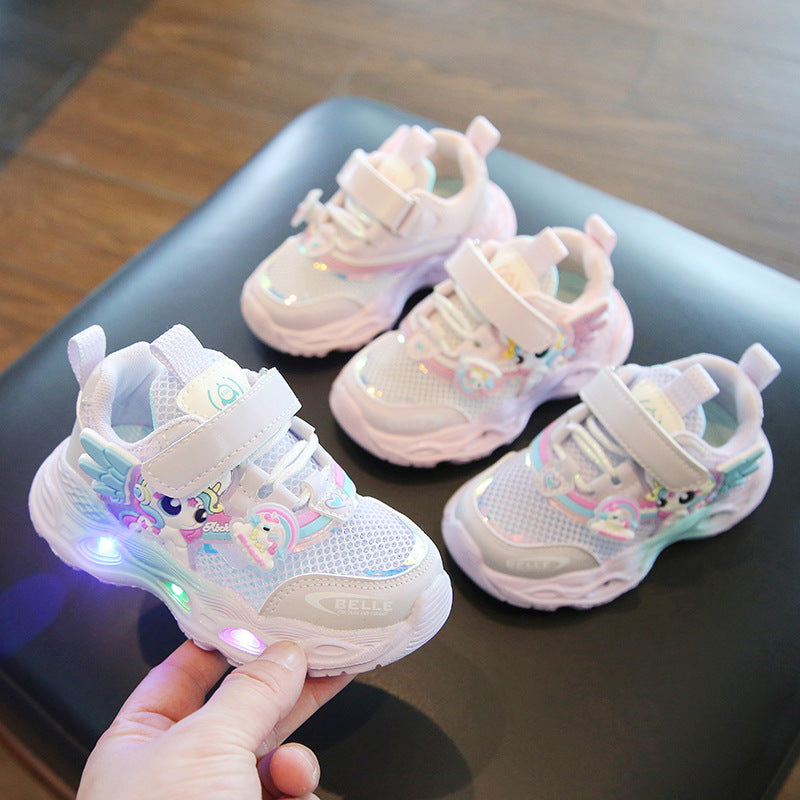 2025 spring and summer new wholesale girls running shoes with lights cartoon mesh fashion hook and loop sneaker for children