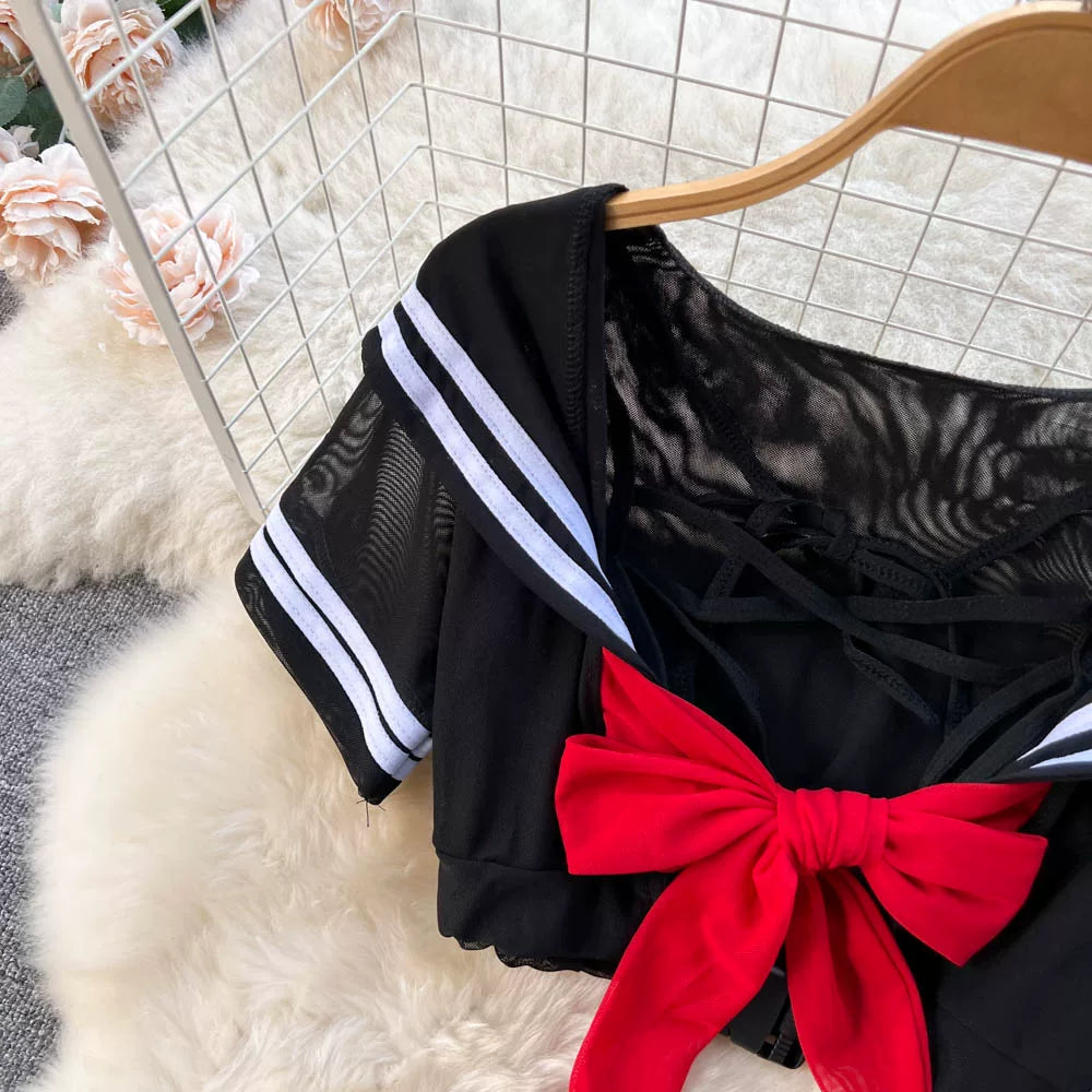 CHILLGIO-Conjunto de pijama con falda de malla transparente para mujer, ropa de dormir, lencería erótica de moda, estilo Preppy japonés