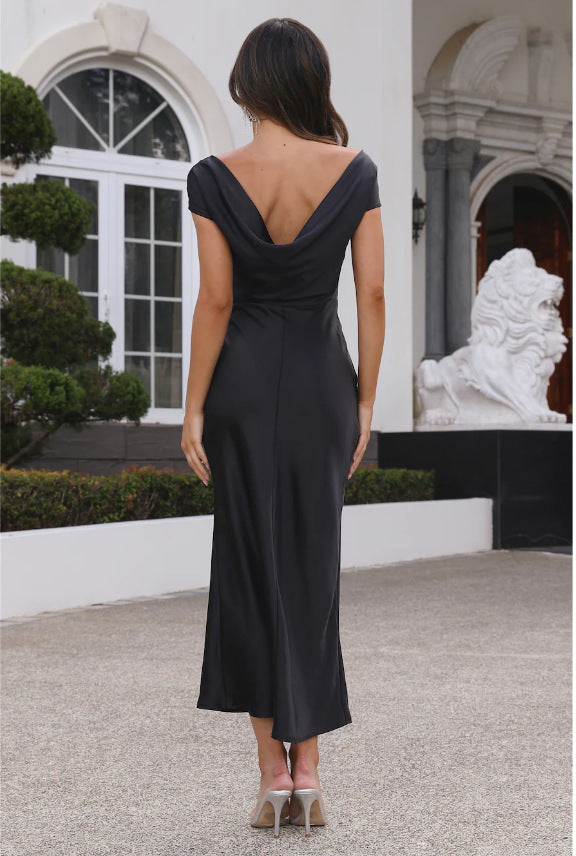 European and American Cross-Border Women's Clothing New Solid Color High-End Satin Slim One-Shoulder Sexy Backless Fishtail Dress
