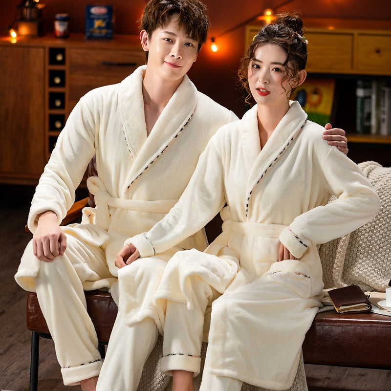Couple's Pajamas, Autumn and Winter Pajamas Set, Flannel Bathrobe, Coral Velvet Home Clothes, Women's Simple and Casual