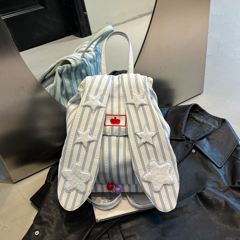 Rabbit Ears Striped Backpack New Fashion Cute Girl School Bag Going Out Simple Large Capacity Travel Bag
