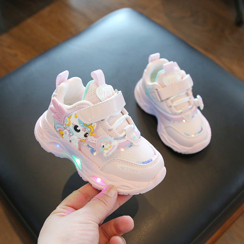 2025 spring and summer new wholesale girls running shoes with lights cartoon mesh fashion hook and loop sneaker for children