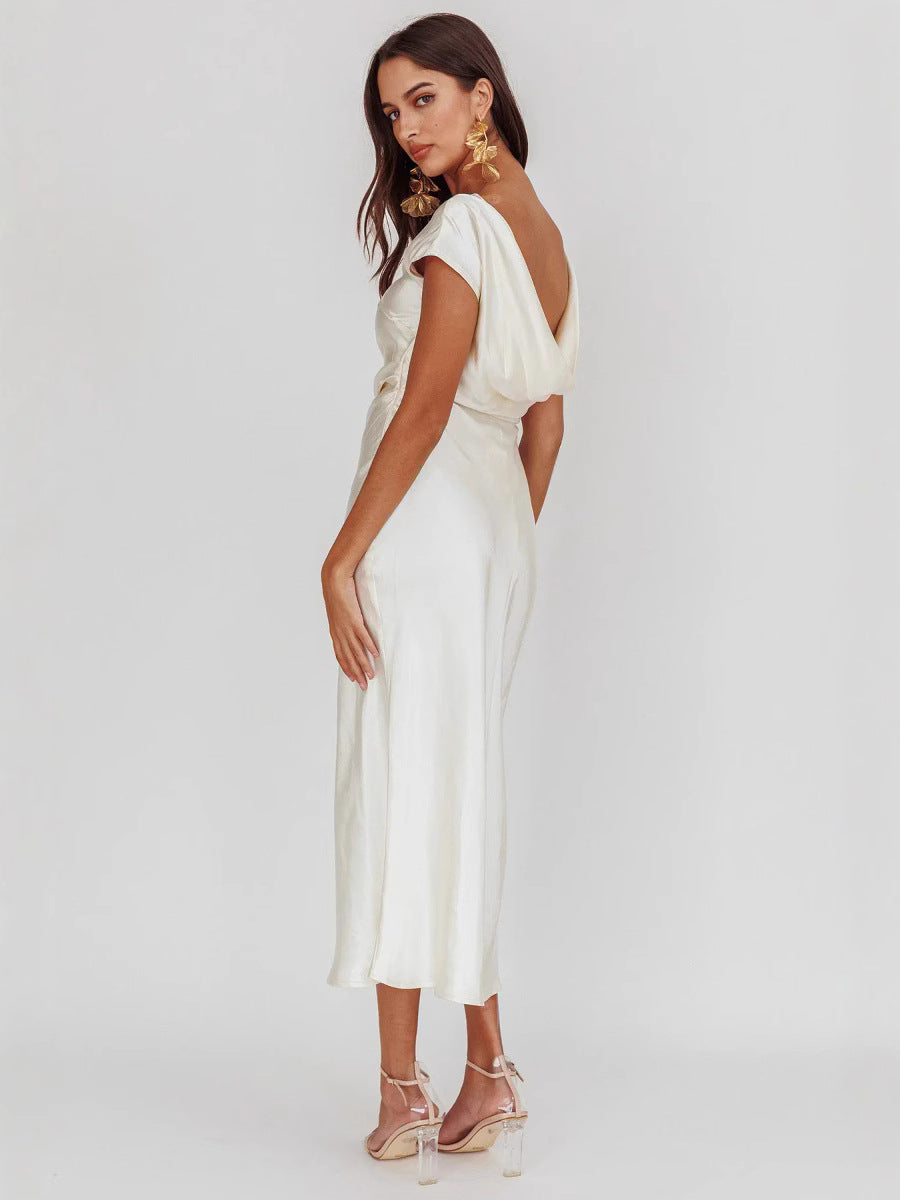 European and American Cross-Border Women's Clothing New Solid Color High-End Satin Slim One-Shoulder Sexy Backless Fishtail Dress