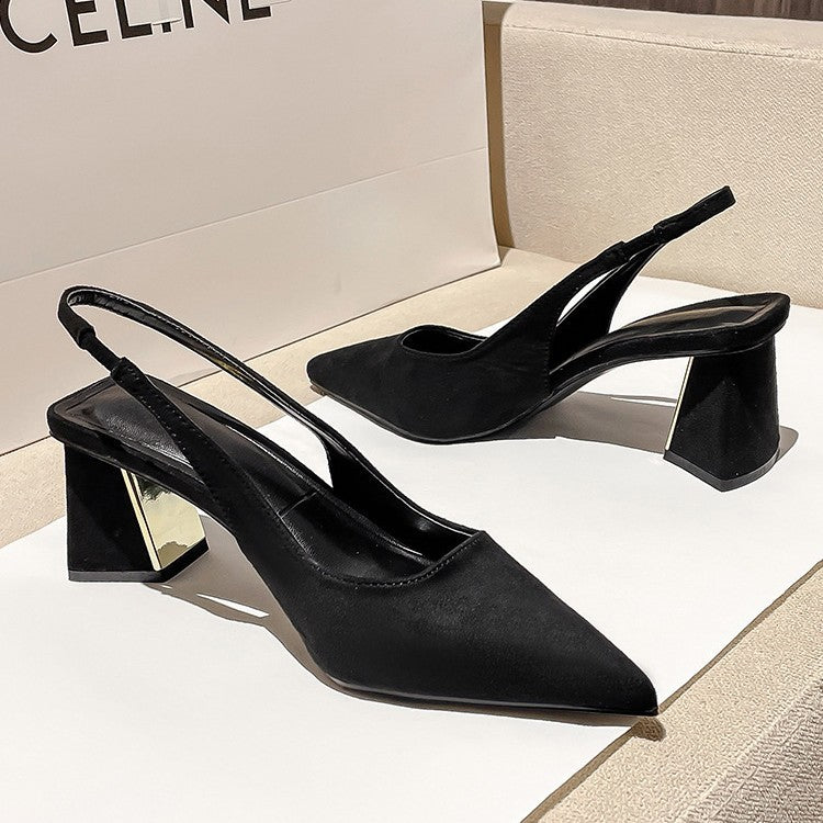 Pointed Toe Slimming Look Suede High-Heeled Shoes, Feminine 2023, New Spring and Summer Thick Heels, Simple Back Hollow Toe Sandals