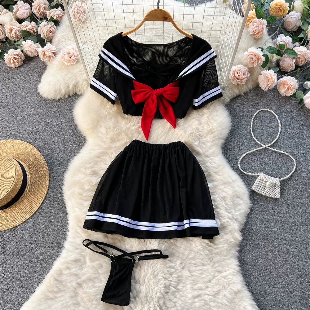 CHILLGIO-Conjunto de pijama con falda de malla transparente para mujer, ropa de dormir, lencería erótica de moda, estilo Preppy japonés