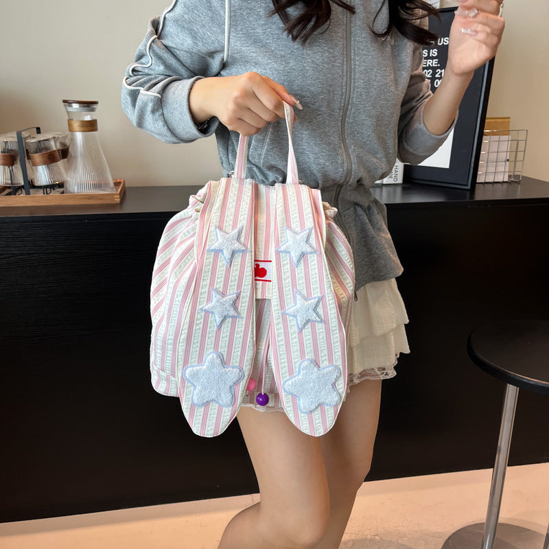 Rabbit Ears Striped Backpack New Fashion Cute Girl School Bag Going Out Simple Large Capacity Travel Bag