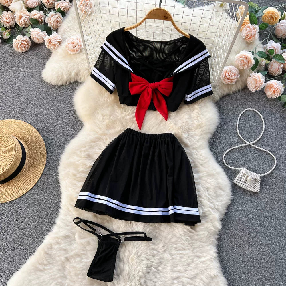 CHILLGIO-Conjunto de pijama con falda de malla transparente para mujer, ropa de dormir, lencería erótica de moda, estilo Preppy japonés