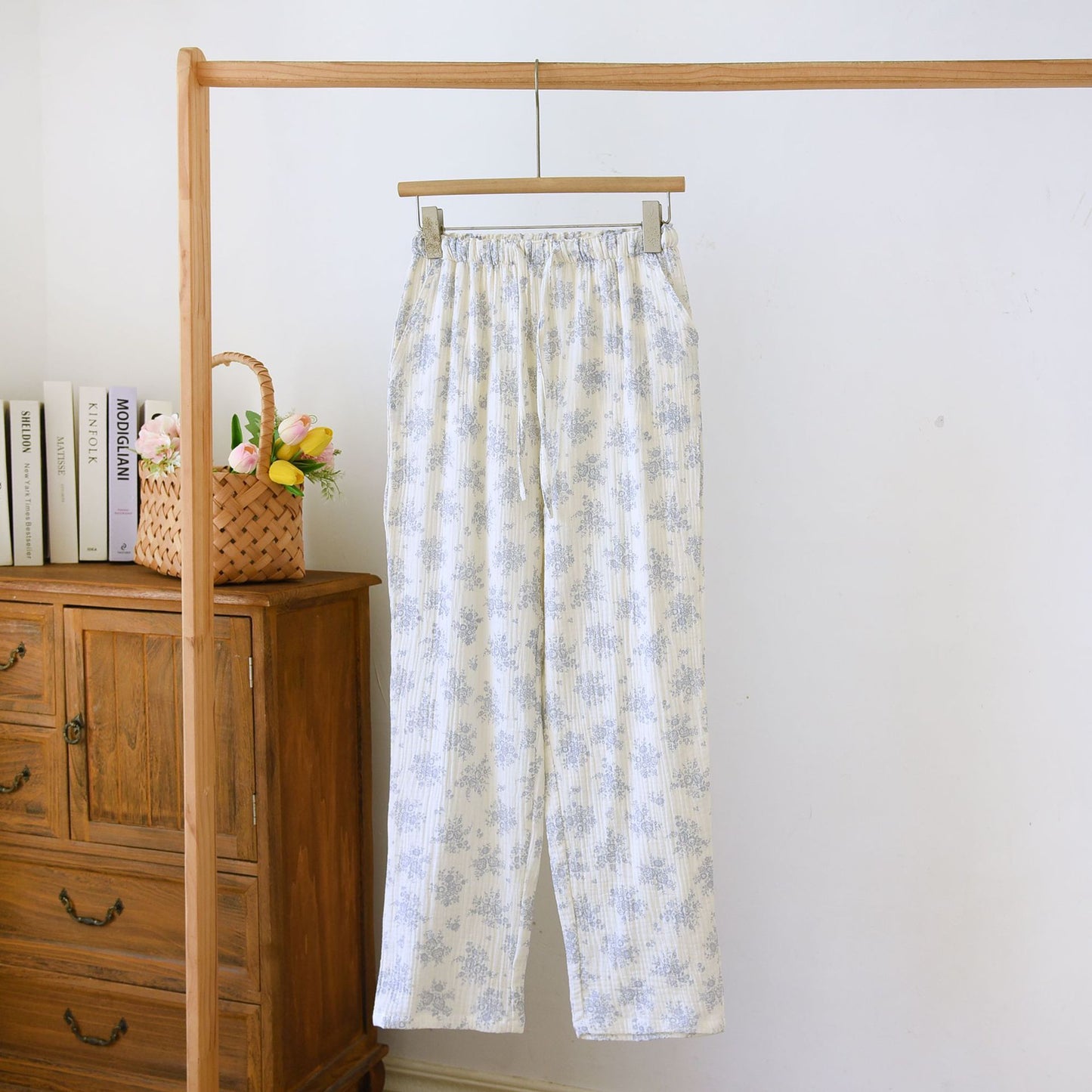 Spring and Autumn New Double-layer Cotton Yarn Home Pants Simple Atmospheric Crepe Trousers for Outer Wearing Four Seasons Thin Breathable