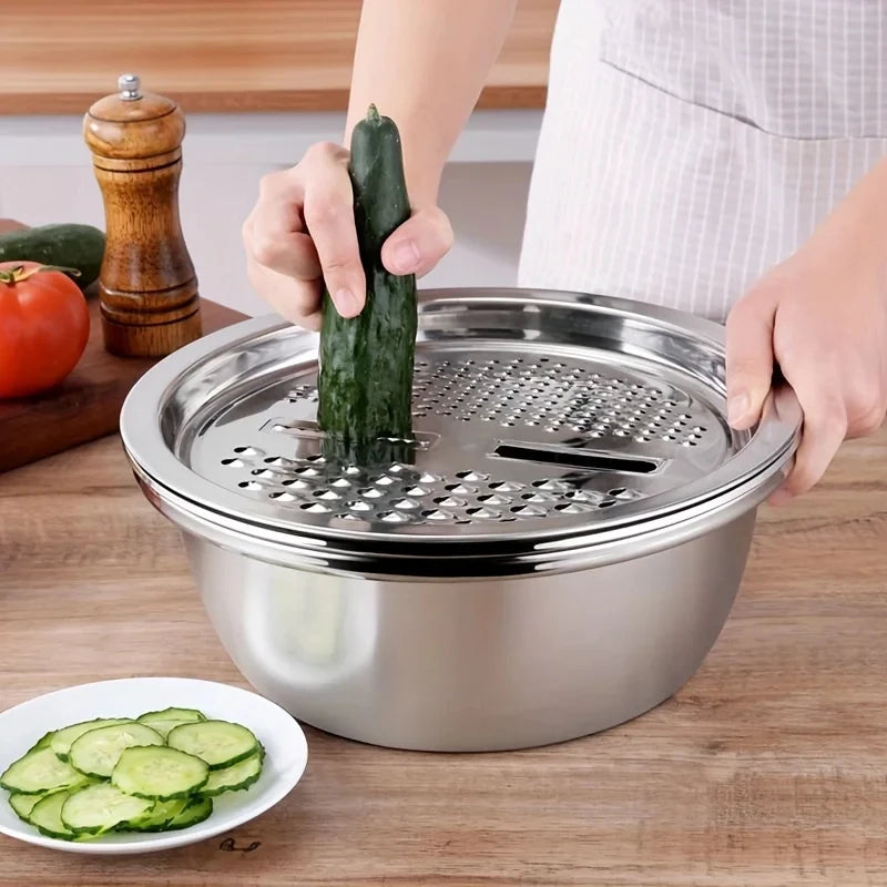 Juego de 3 Utensilios de Cocina de Acero Inoxidable, Tazón para Mezclar Multifuncional, Cortador de Verduras, Pelador de Frutas