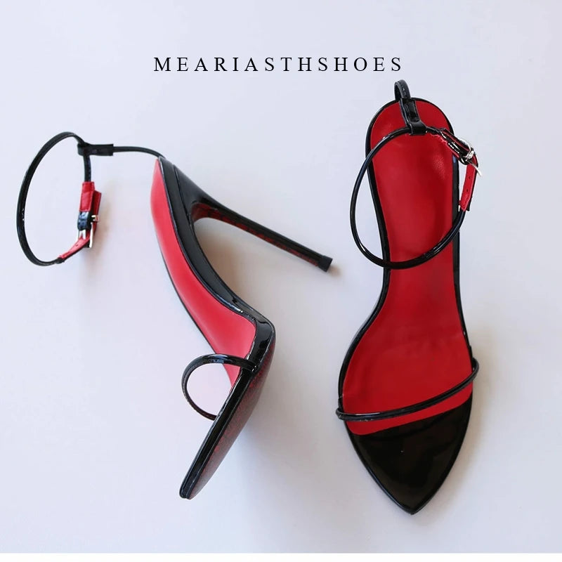 Sandalias de Tacón Alto con Punta Abierta y Correa en el Tobillo, de Cuero, con Hebilla, Diseño Sólido, Tacón Fino, para Mujer, con Lazos y Correa Trasera