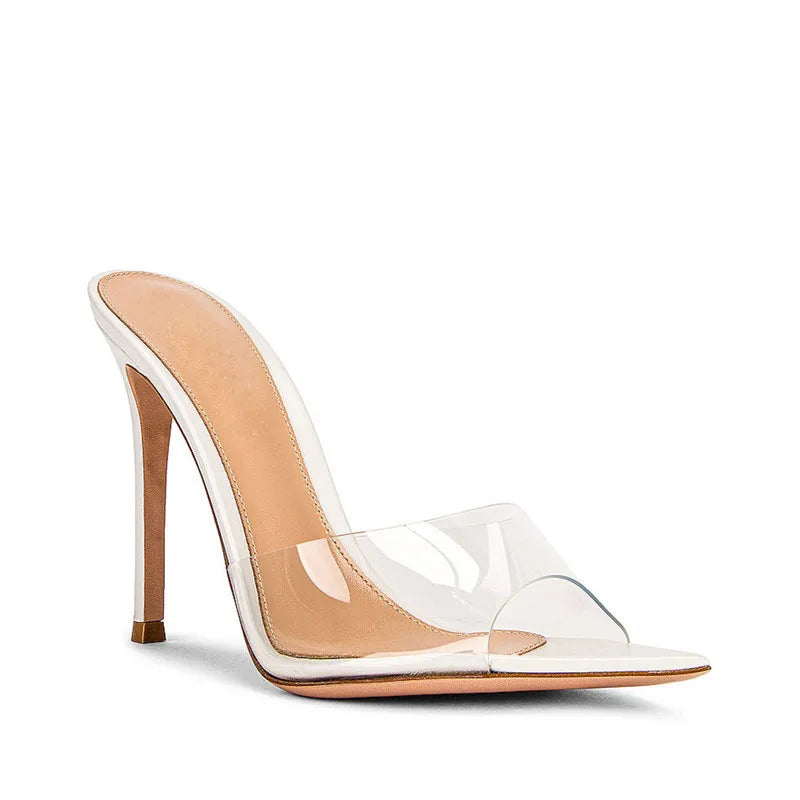 Novedad de verano, zapatillas sexis de moda de PVC transparente de charol puntiagudo, vestido de banquete de tacón alto fino, sandalia de mujer de gran tamaño