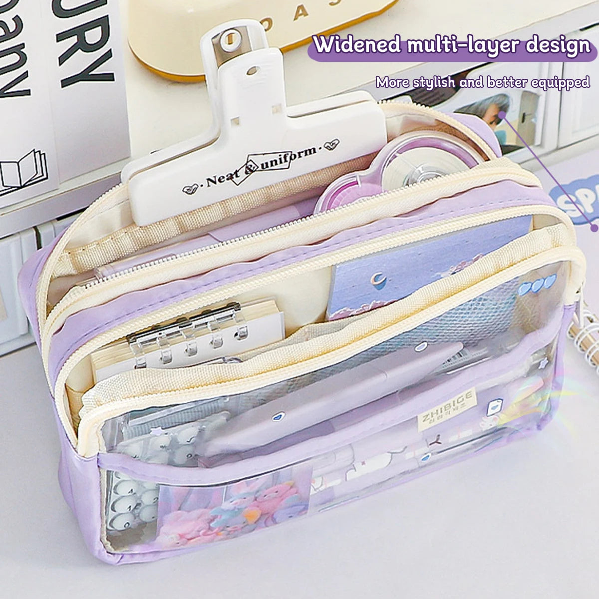 Bolsa de lápices transparente de cuatro capas, bolsa de papelería para estudiantes, bolsa de almacenamiento de gran capacidad, suministros de oficina escolar, papelería, 1Pc