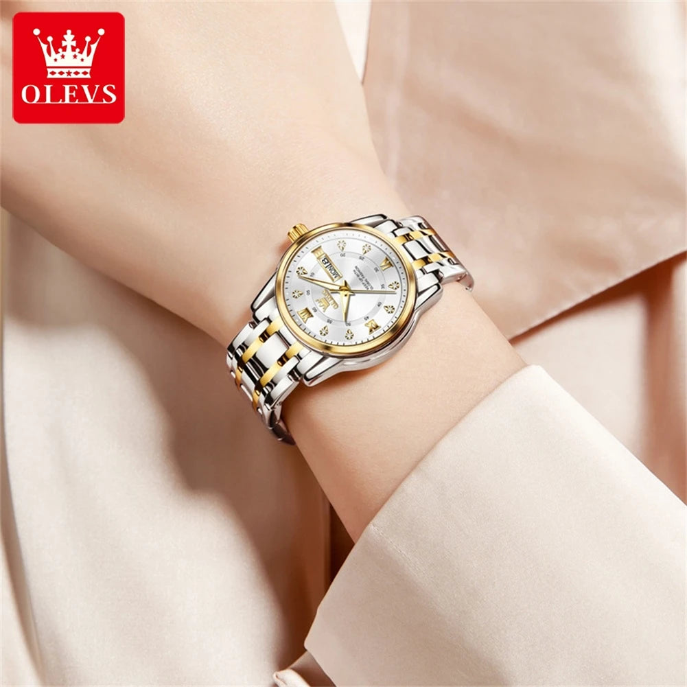 Relojes OLEVS para mujer, reloj de pulsera luminoso resistente al agua de acero inoxidable Original dorado a la moda, reloj clásico elegante para mujer con fecha