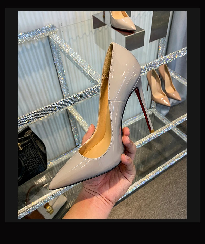 Zapatos de mujer 2025, marca de lujo, zapatos de tacón con suela roja, fondo rojo, puntiagudos, tacones altos de diseñador, zapatos elegantes de fiesta a la moda para mujer, 12cm