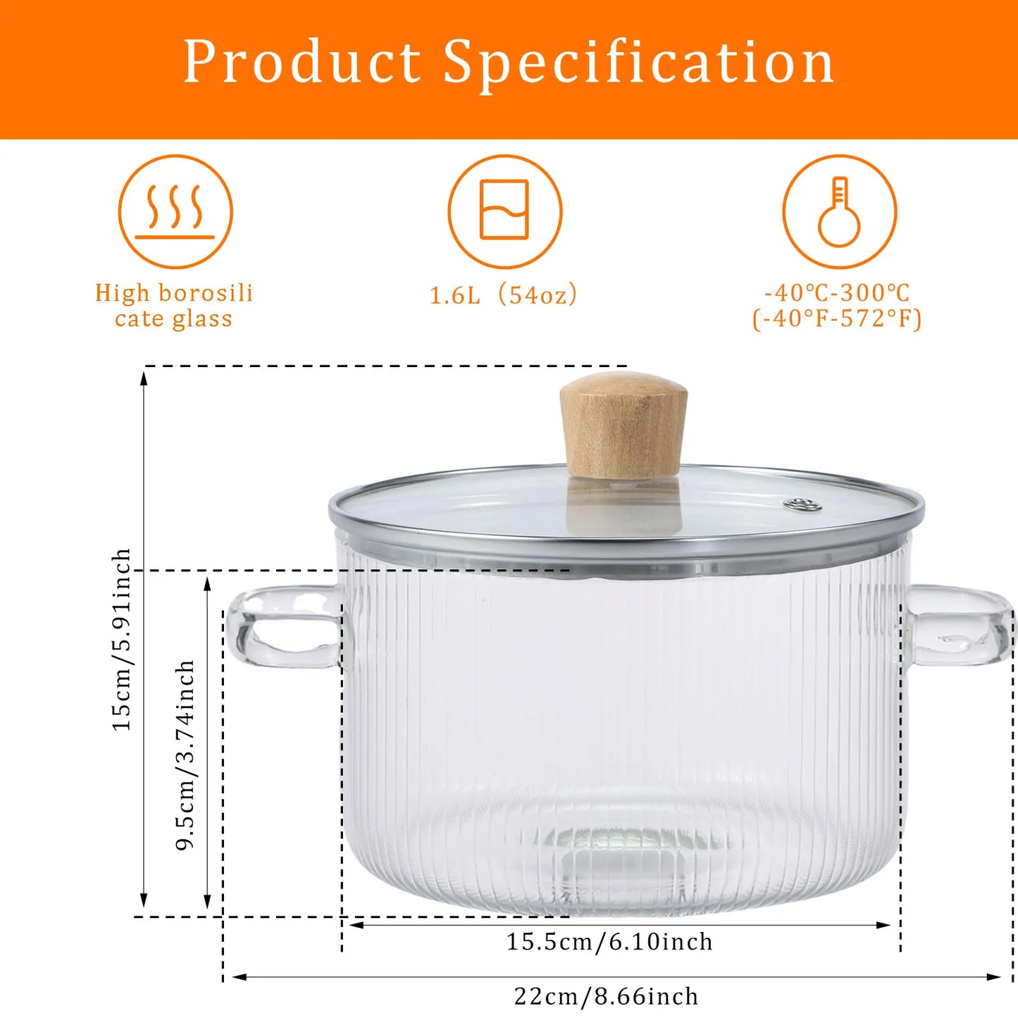 Olla de cocina de vidrio de 1600ML/2300ML, olla de fuego de vidrio de borosilicato transparente con tapa, ollas de estofado multifuncionales para cocinar en la cocina