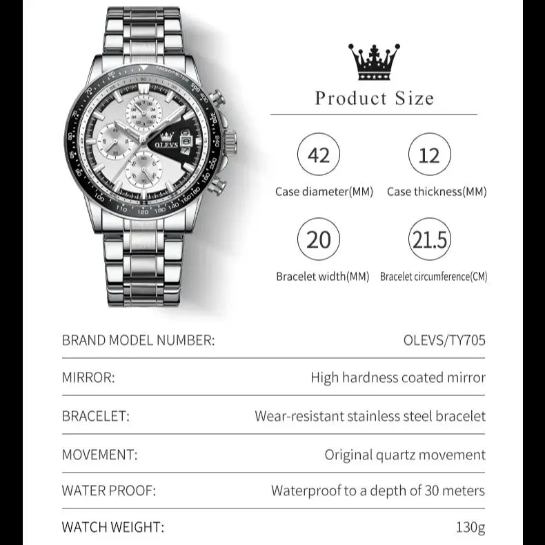Reloj OLEVS TY705 para Hombre, Reloj de Cuarzo Luminoso de Lujo a Prueba de Agua, Reloj Multifuncional con Cronómetro, Reloj Deportivo Original Exclusivo para Hombre