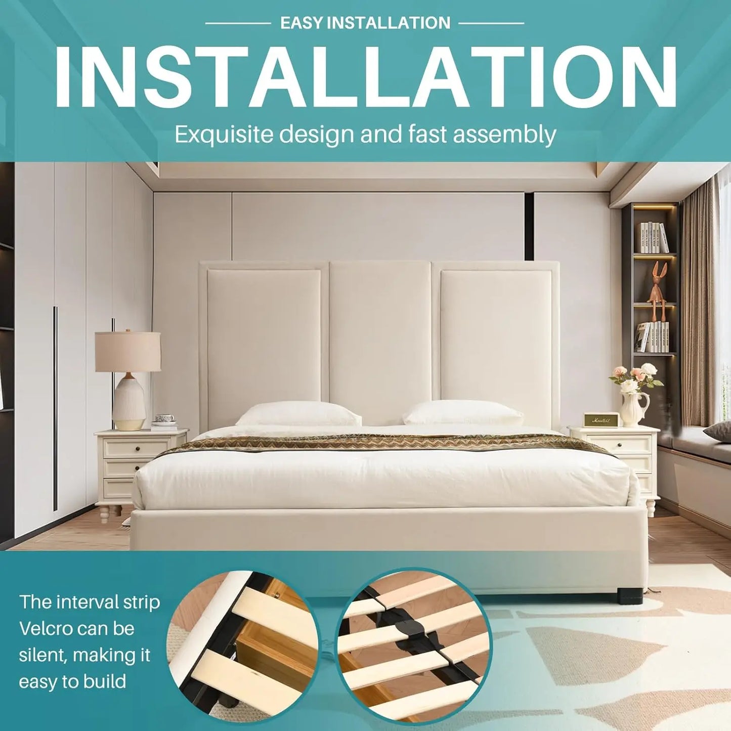 Estructura de cama tamaño King con cabecero alto de 64 pulgadas, cama con plataforma tapizada de lino simple y aireada con cajones de almacenamiento, listones de madera,