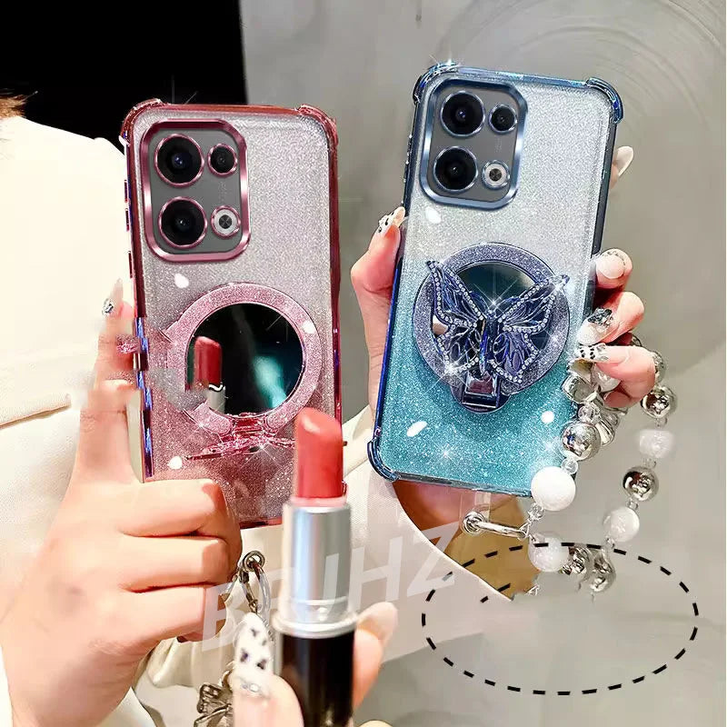 Funda Magnética Antigolpes con Espejo para Realme 14 13 12 Pro Plus C75 C71 C65 C63 C55 C53 C51, Soporte para Teléfono con Diseño de Mariposa y Correa de Pulsera