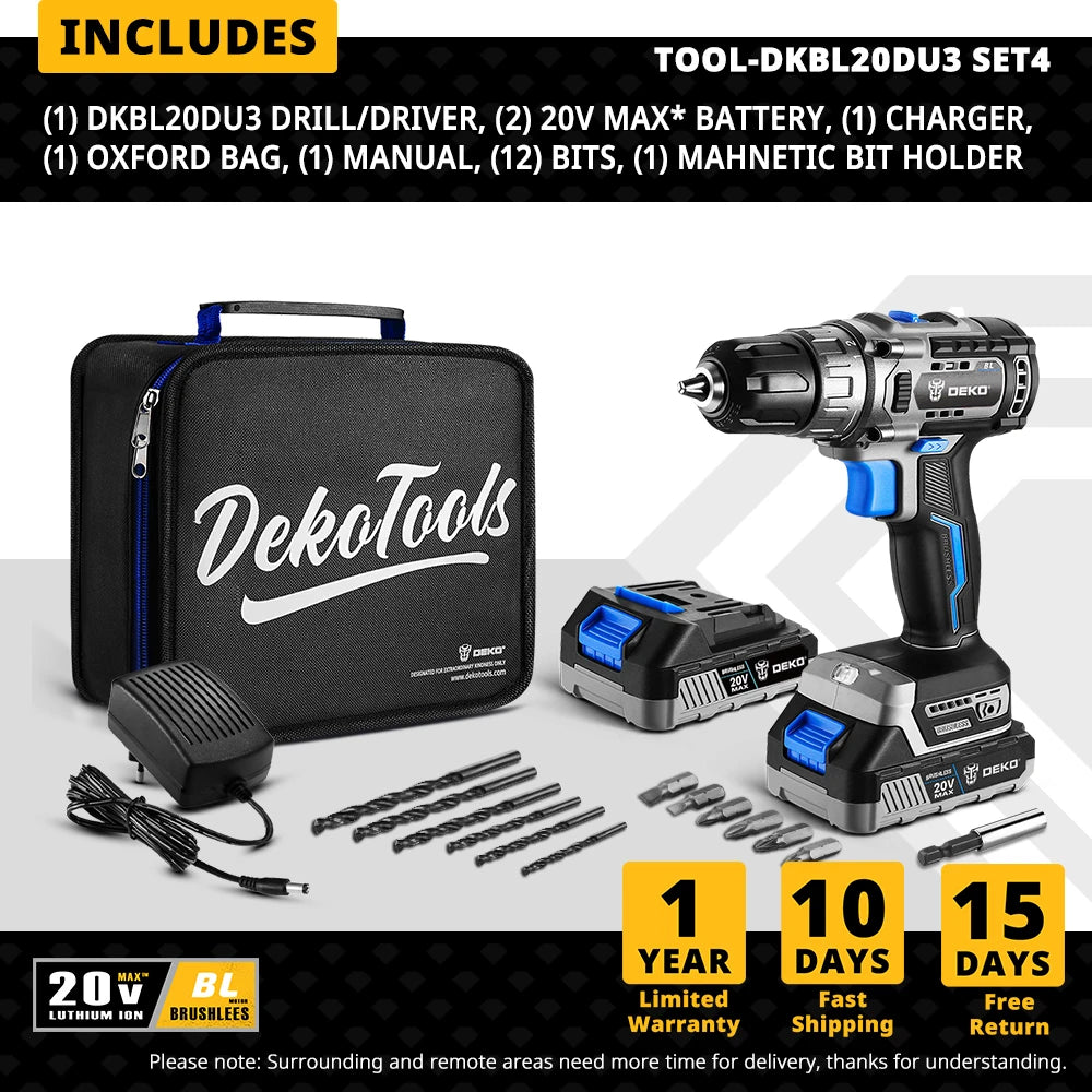 DEKO-Taladro Inalámbrico sin escobillas de 20V, Kit combinado de Mini destornillador eléctrico, herramientas eléctricas de 2 velocidades para carpintería
