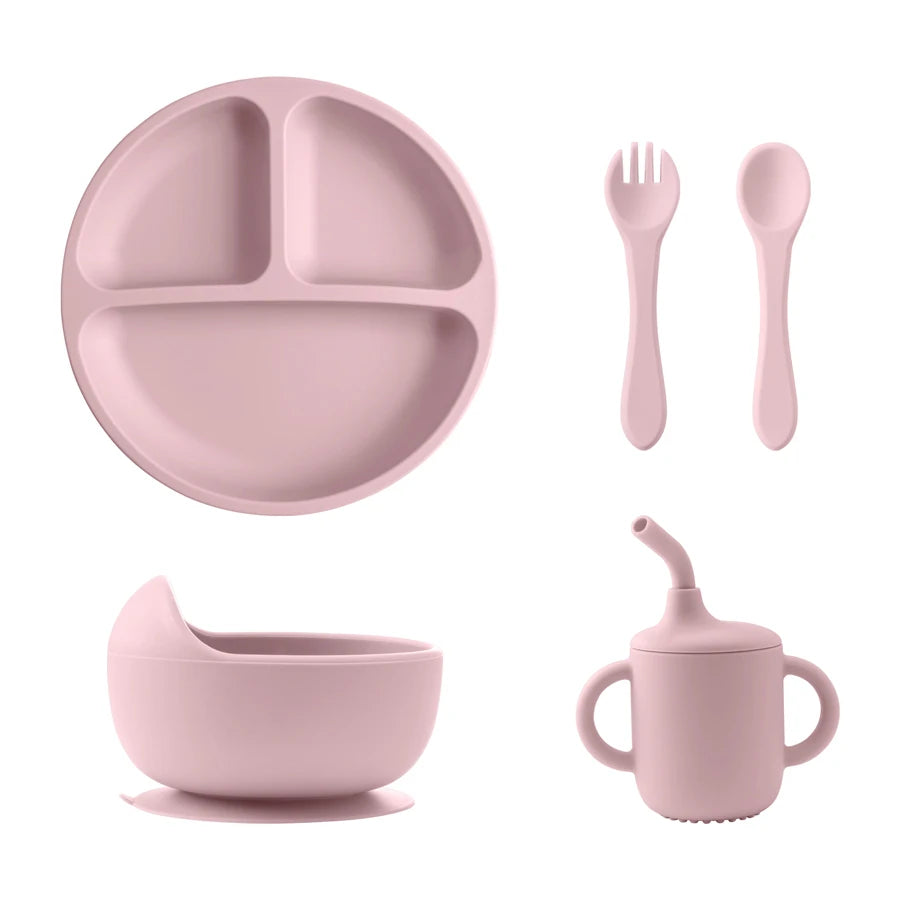Juego de vajilla de silicona para bebé, plato con ventosa, utensilios suaves, taza para sorber, juegos de entrenamiento de alimentación para bebé, 5 uds.