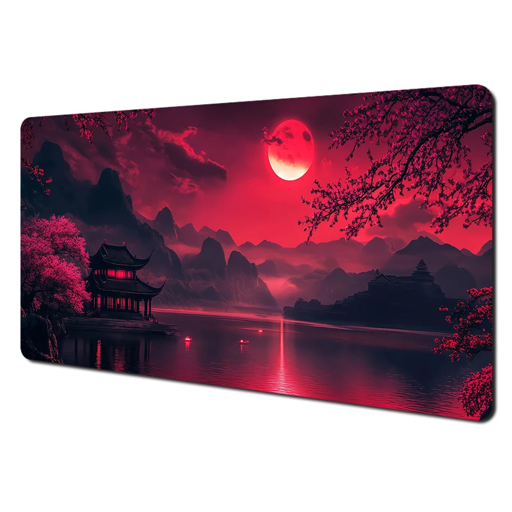Alfombrilla de ratón grande con paisajes artísticos en rojo y negro, alfombrilla de escritorio duradera antideslizante, accesorios de oficina, alfombrilla para teclado y ratón, Tapis De Bureau