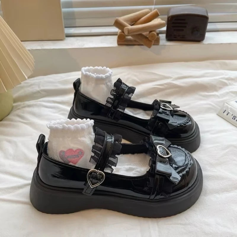 Zapatos de Cuero Mary Jane para Mujer, Primavera-Verano 2026, Color Sólido, Hebilla con Lazo de Mariposa, Plataforma, Punta Redonda, Estilo Casual JK Loli