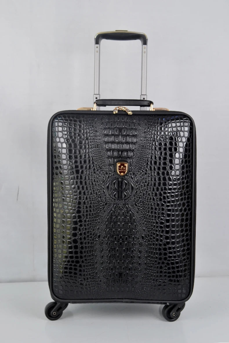 Equipaje rodante de cuero con patrón de cocodrilo, maleta con ruedas de embarque de 16/20/24 pulgadas, equipaje de viaje de cuero real para hombres y mujeres