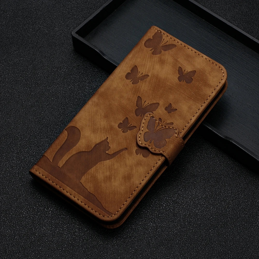 Funda tipo cartera de cuero con diseño de gato y mariposa para iPhone 17, 15, 16, 14, 13, 12, 11 Pro Max, iPhone 15 Plus