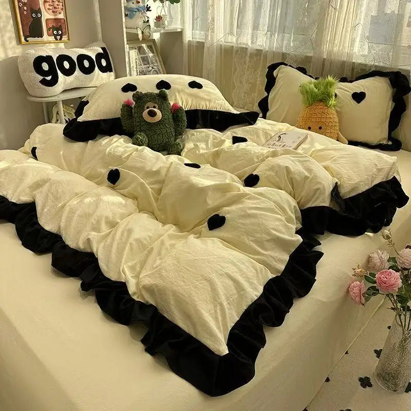 Juego de cama con lazo rosa Ins, funda nórdica con volantes, juego de sábanas planas, juego de ropa de cama de princesa para mujeres y niñas, ropa de cama individual doble Queen