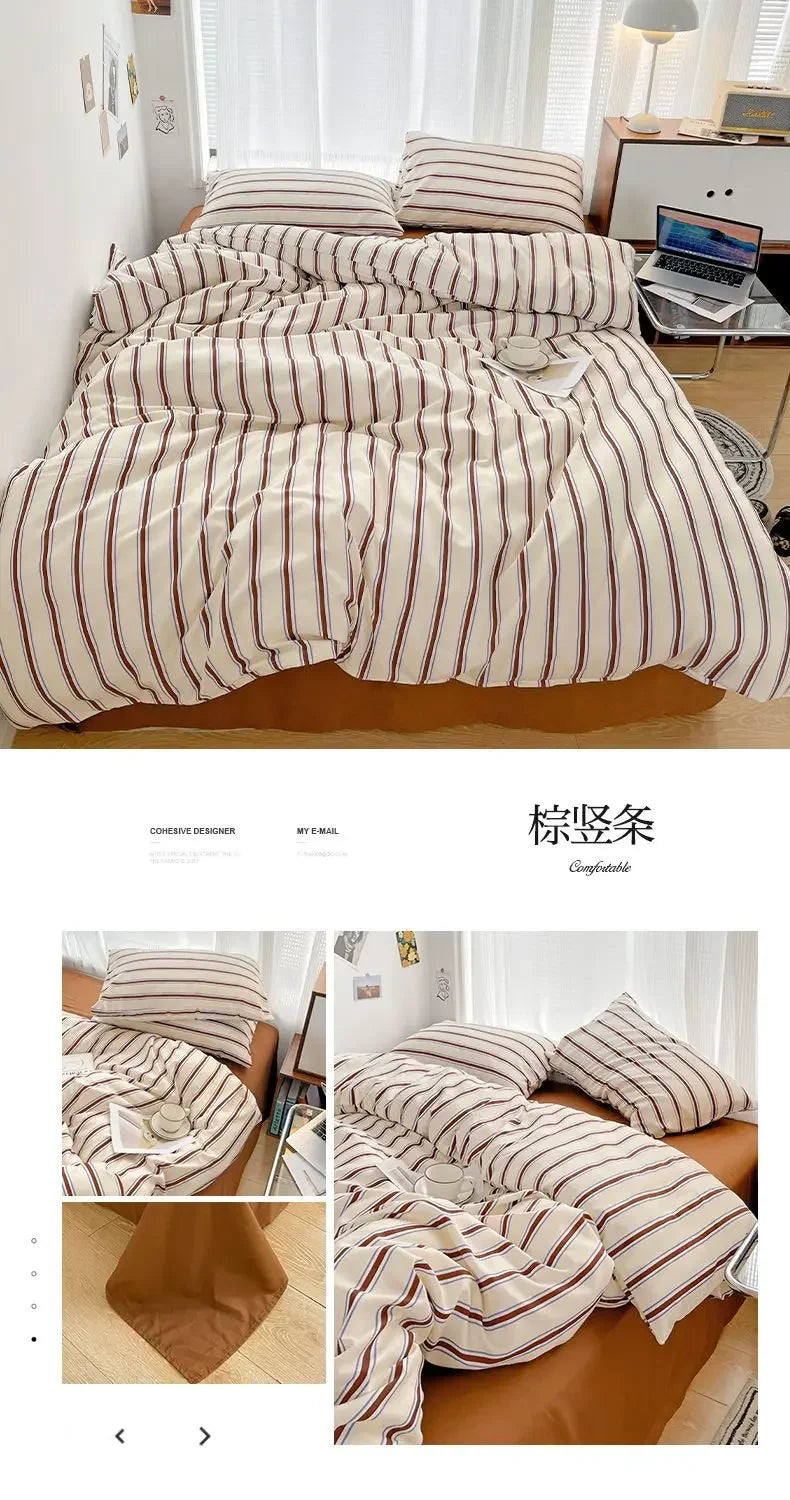 Juego de sábanas de cuatro piezas con funda nórdica de rayas rojas y azules simples con ropa de cama de algodón lavada en la cama