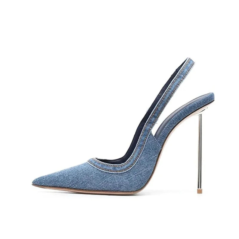 Zapatos de tacón alto de mezclilla para mujer, zapatos de tacón de Metal ajustados con correas en el tobillo, sandalias de tacón de Metal con punta puntiaguda para fiesta de banquete de talla grande