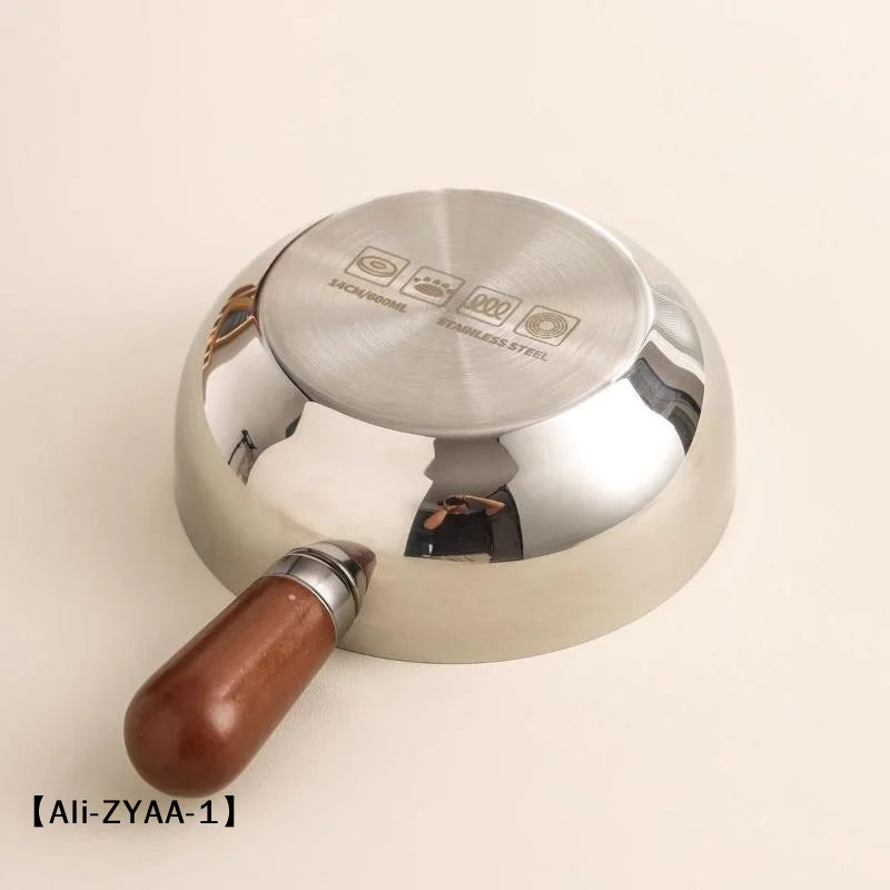 【A】Sartenes de cocina de acero inoxidable de 17 cm/14 cm con mango de madera y tapa de vidrio - Ollas pequeñas multiusos para fideos y huevos