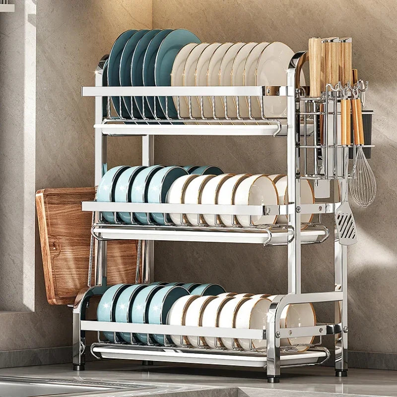 Estante para vajilla de 3 niveles, secado de platos de acero inoxidable 304 con bandeja, soporte de almacenamiento para mostrador de cocina con organizador de tabla de cortar