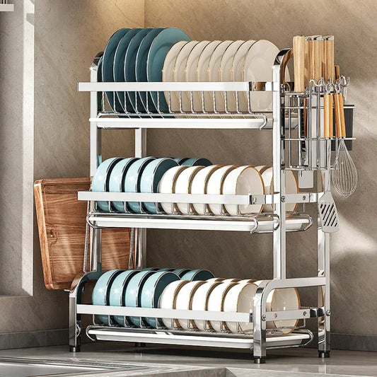 Estante para vajilla de 3 niveles, secado de platos de acero inoxidable 304 con bandeja, soporte de almacenamiento para mostrador de cocina con organizador de tabla de cortar