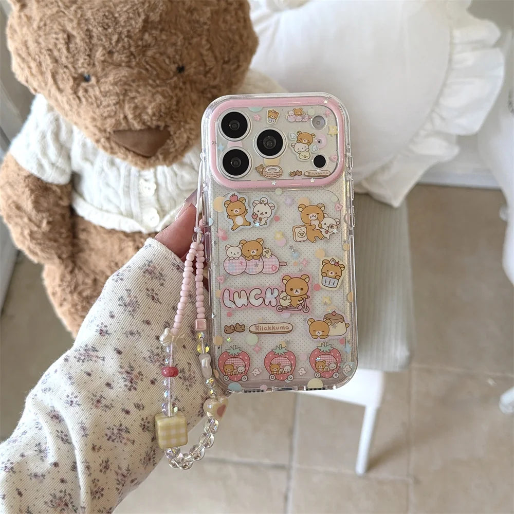 Funda de Teléfono con Diseño de Rilakkuma y Fresas para iPhone 17 Pro, 16 Pro Max, 15 Pro, con Cadena, Fundas Kawaii de Dibujos Animados, Antigolpes