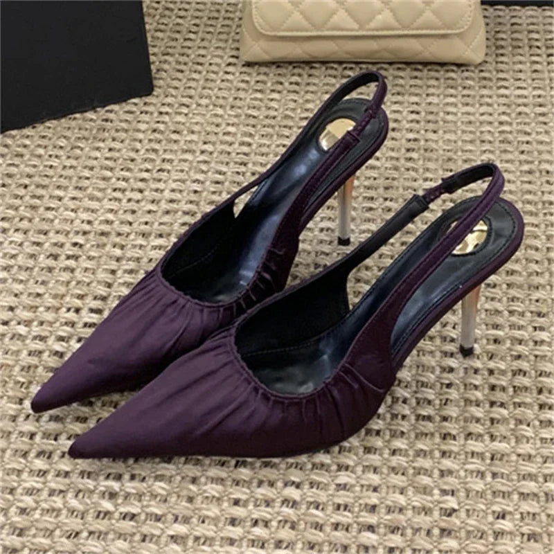 Aneikeh, moda de verano, diseño elegante, satén plisado, puntiagudos, zapatos de tacón con talón descubierto, sandalias sexis para mujer, tacones altos finos, zapatos de banquete