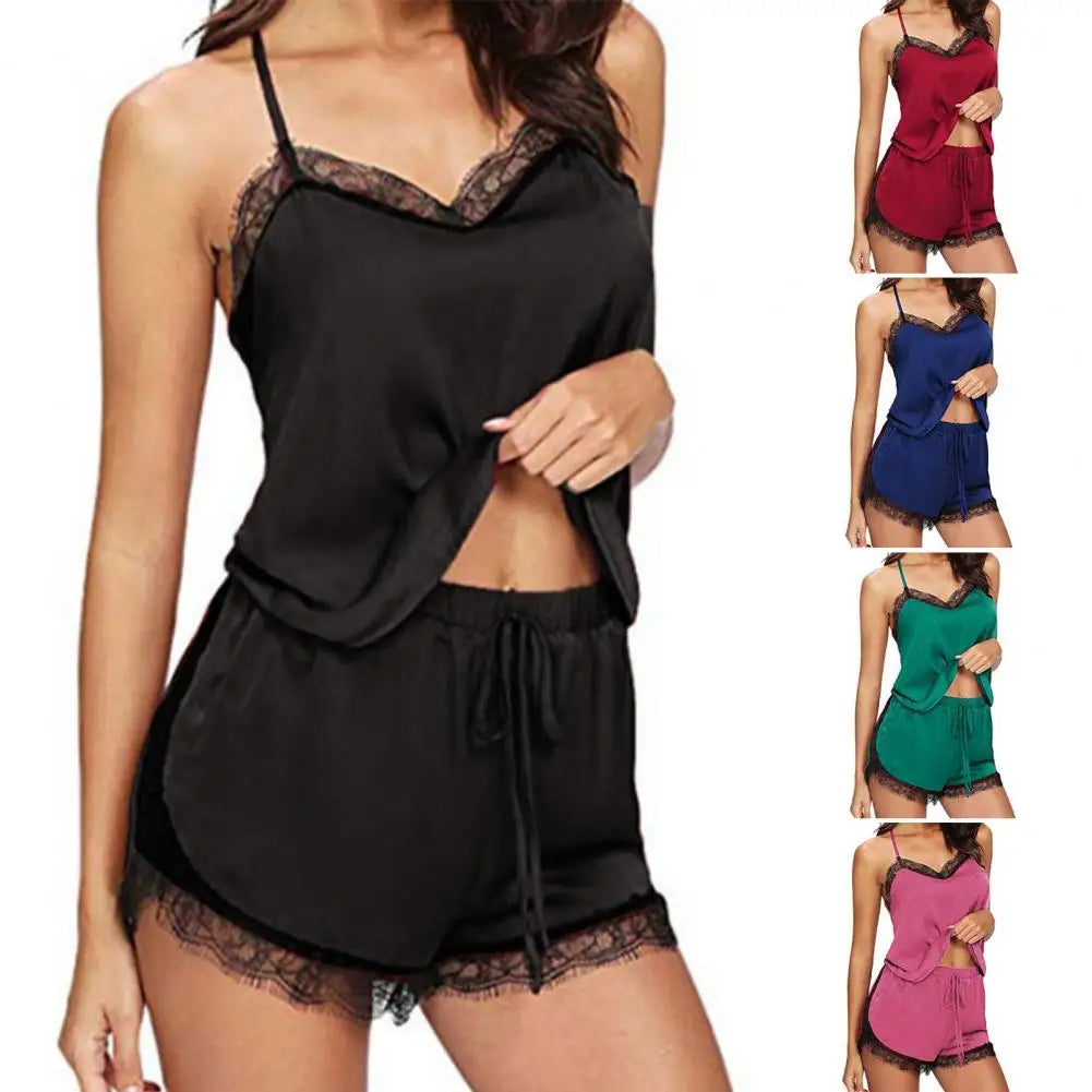 Conjunto de pijama de encaje para mujer, ropa de noche de retazos con cuello en V, pijama sedoso de verano, pantalones cortos con tirantes de encaje, Conjunto de pijama Sexy